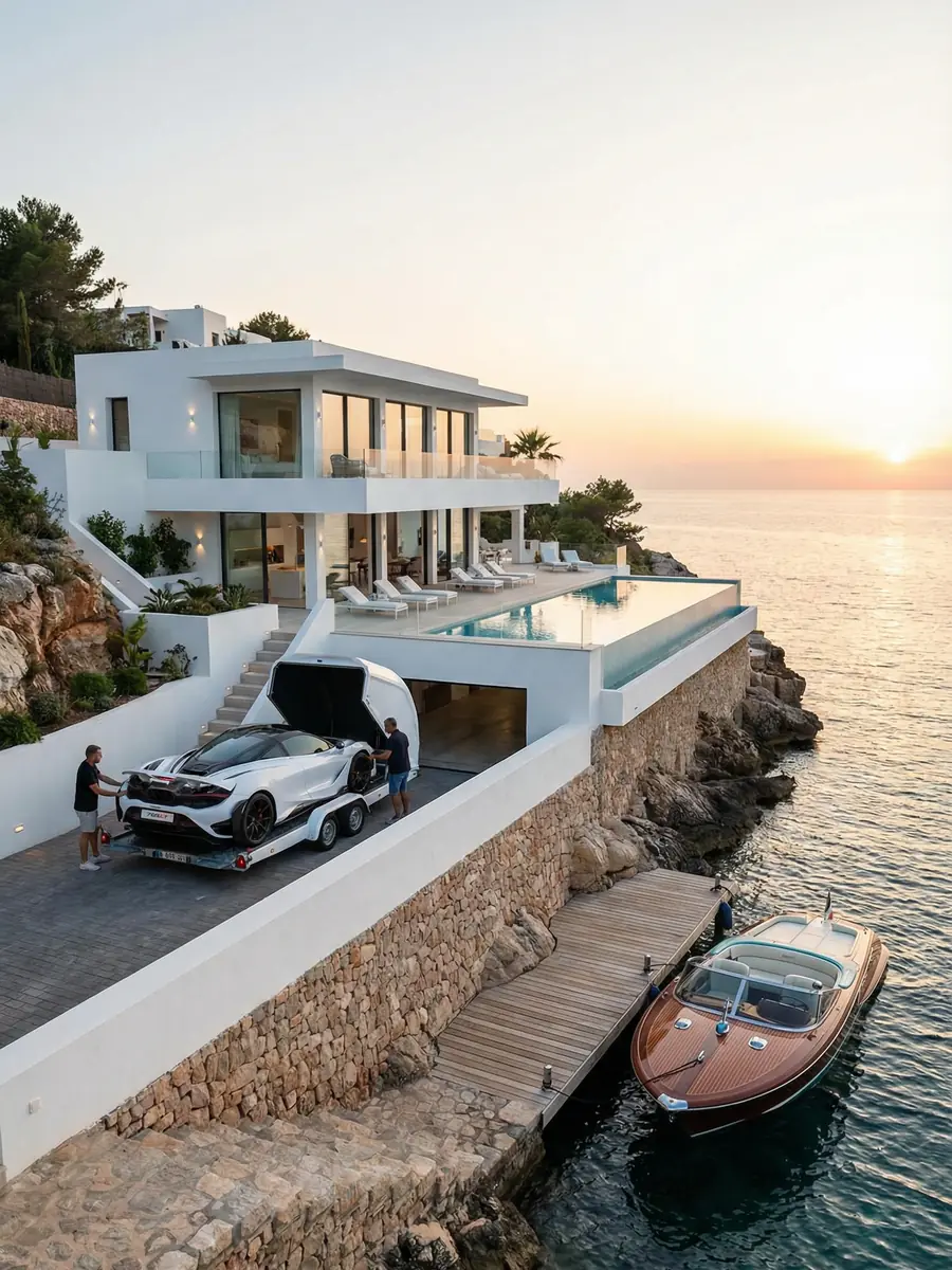 Villa mit Pool und Supersportwagen auf Ibiza bei Sonnenuntergang